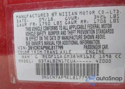 2019 Nissan Versa 1.6 Sv z USA, uszkodzony, nr VIN 3N1CN7AP9KL817799